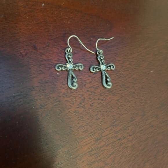 𝅺Silver dangle cross earrings with rhinestone in center - Picture 2 of 2